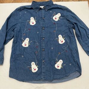 Vintage Victoria Jones Snowman Blue Jean Button Down Shirt 90’s Y2K
